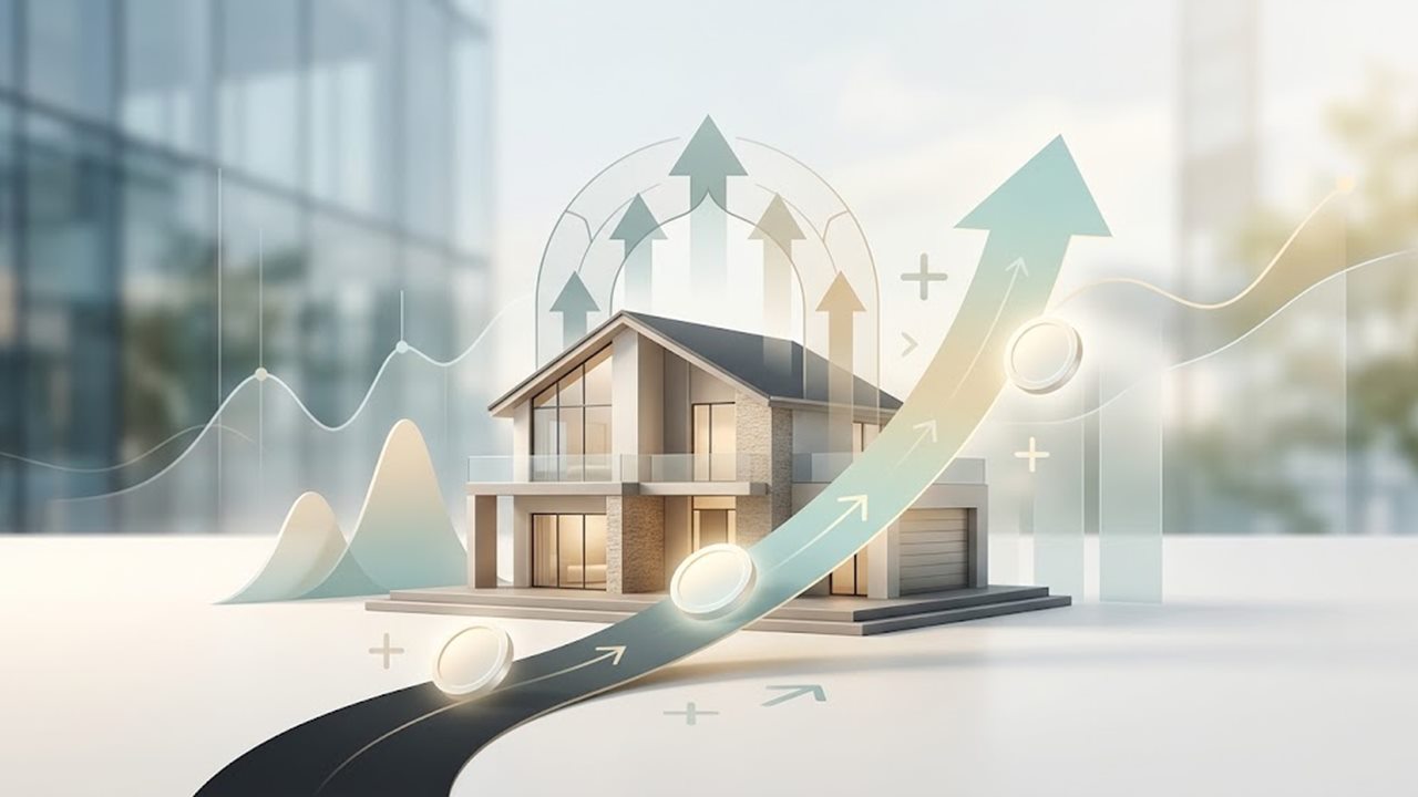 Illustration: Einfamilienhaus mit einem Weg aus Münzen, der als Pfeil nach oben weiterführt – die Anschlussfinanzierung nach der Zinsbindung