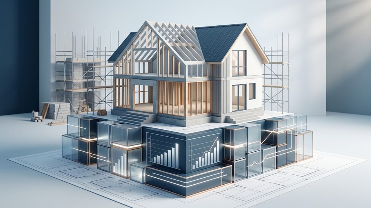 Illustration: Rohbau eines Einfamilienhauses mit Gerüst auf Bauplänen und Diagrammen – Finanzierung eines Neubaus