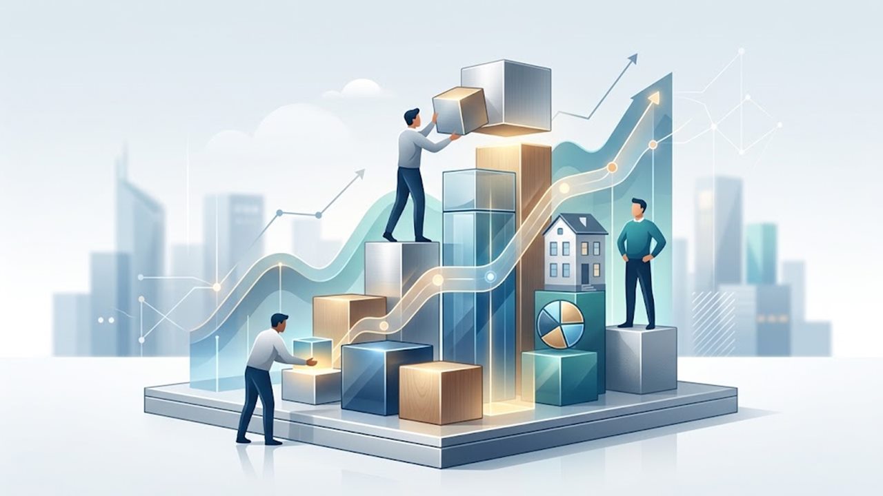 Illustration: Menschen stapeln Bausteine neben einem Hausmodell und steigenden Kurven – Eigenkapital für den Hauskauf aufbauen