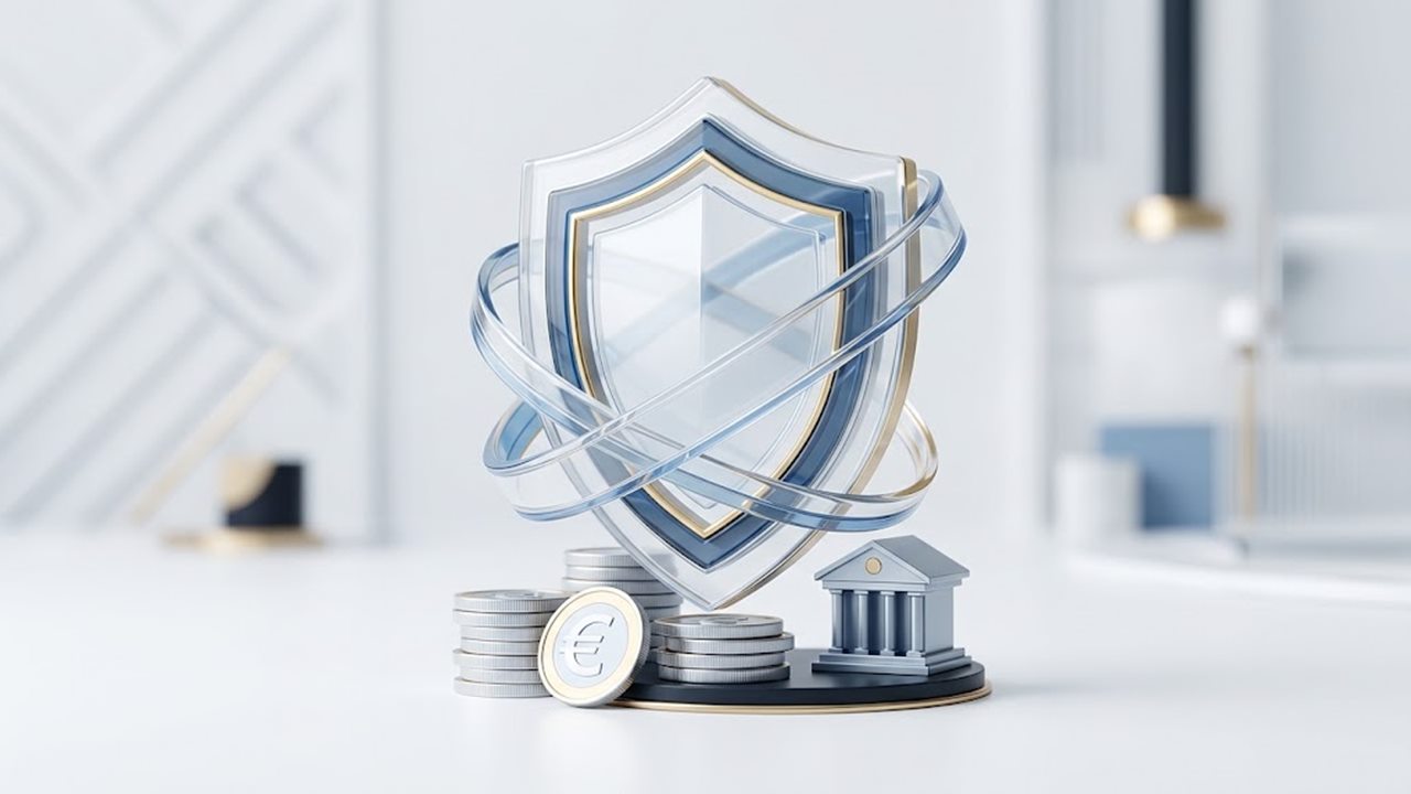 Illustration: gläserner Schutzschild über Euro-Münzen und einem Bankgebäude – die gesetzliche Einlagensicherung