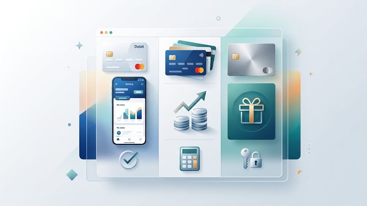 Illustration: Übersicht mit Bankkarten, Smartphone-Banking, Münzen, Taschenrechner und Bonus-Symbol – Girokonten vergleichen