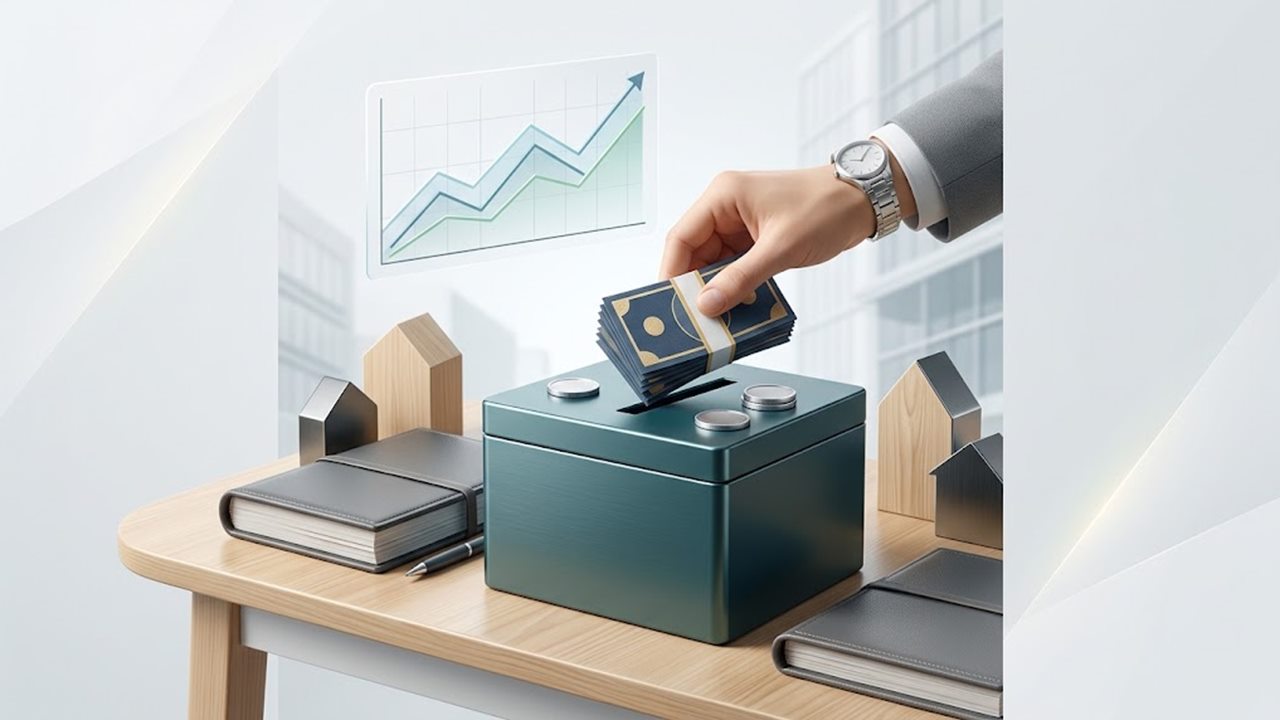 Illustration: Hand legt Geldscheine in eine Kasse, daneben kleine Hausmodelle – die Grunderwerbsteuer beim Immobilienkauf