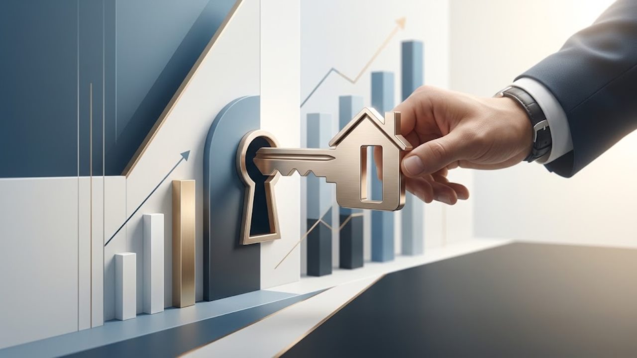 Illustration: Hand steckt einen Schlüssel in Hausform in ein Schloss vor steigenden Balken – der Weg zur Immobilienfinanzierung