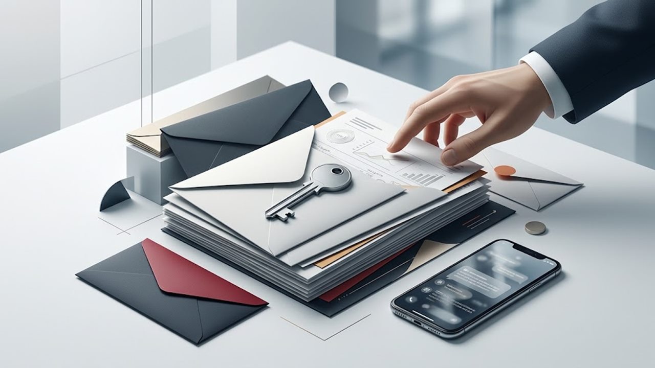 Illustration: Stapel Briefe mit Schlüssel und Smartphone, eine Hand greift nach einem Schreiben – Post vom Inkassobüro prüfen