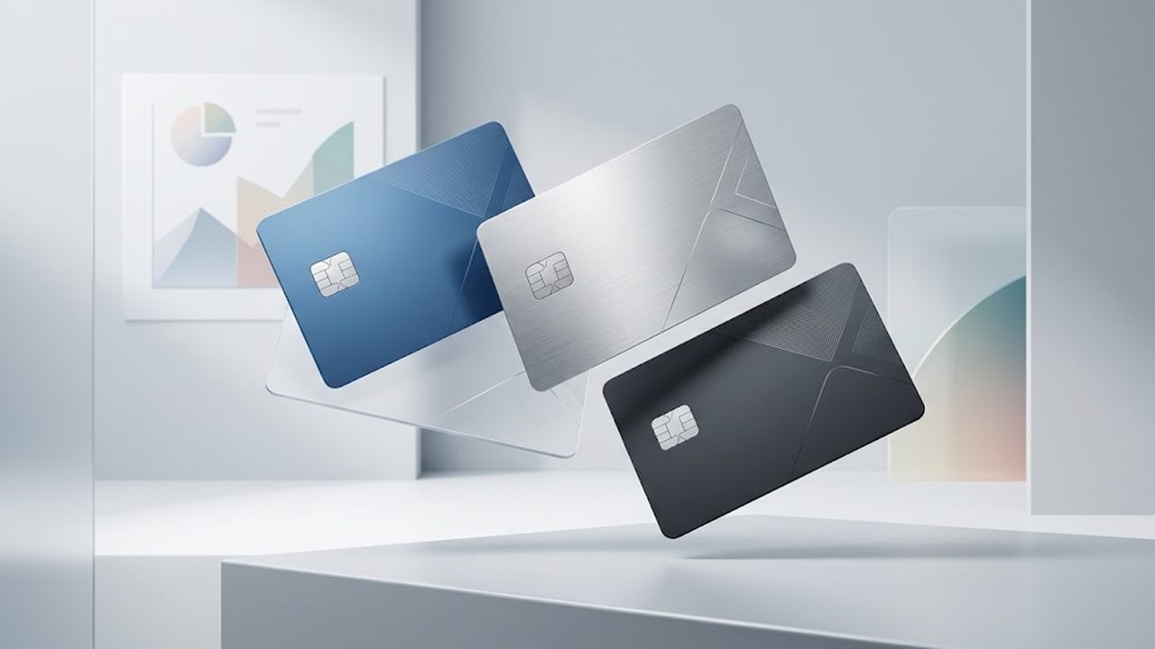 Drei Bankkarten in Blau, Silber und Schwarz schweben über einem Tisch – Kreditkarte, Debitkarte und Girocard