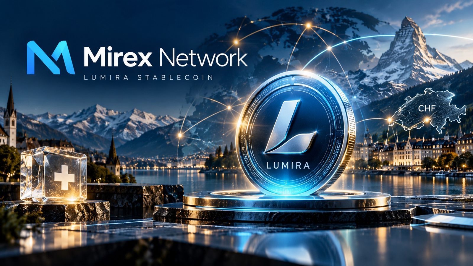 Grafik mit Mirex-Network-Logo, einer Lumira-Münze vor Schweizer Bergkulisse und der Aufschrift „Lumira Stablecoin“ – die Darstellung, die dieser Artikel prüft
