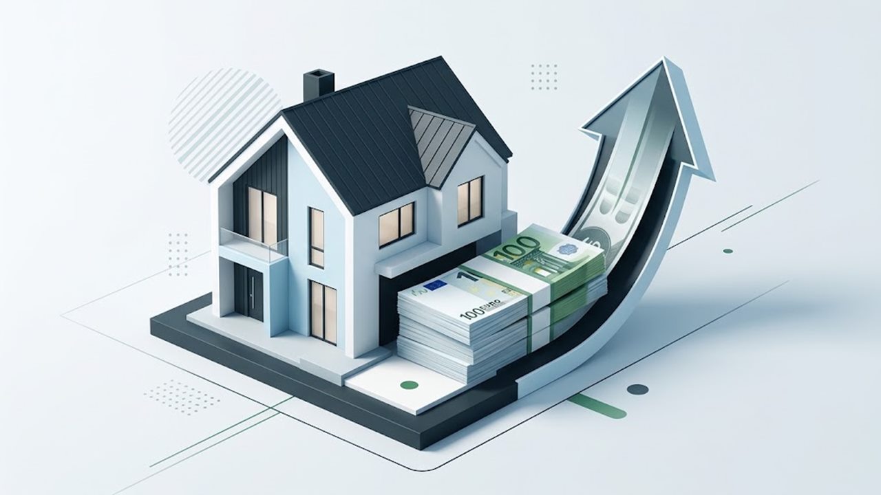 Illustration: Einfamilienhaus mit einem Bündel Euro-Scheine und einem Pfeil nach oben – Sondertilgung bei der Baufinanzierung