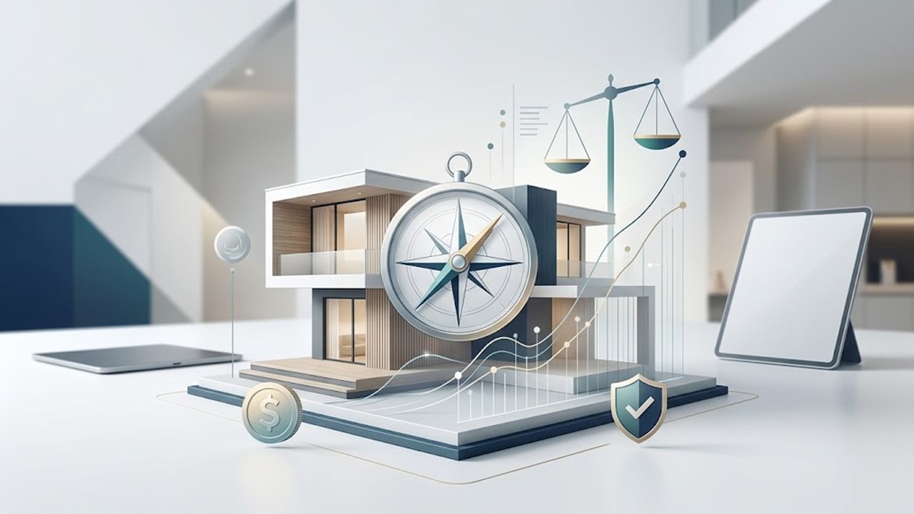 Illustration: modernes Haus mit Kompass, Waage und Kurven – das passende Budget für den Hauskauf finden